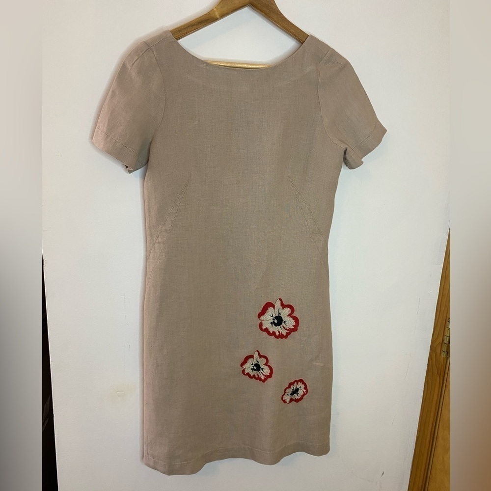 NWT Zyga 100% Linen Jute Shift With Floral Embroidery